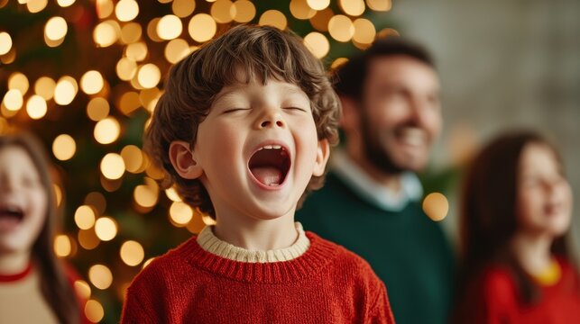 A joyful child sings happily in front of a Christmas tree, surrounded by family, capturing the spirit of the festive season.