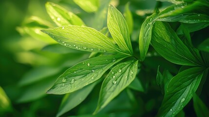 Close-up of fresh green leaves with water drops.