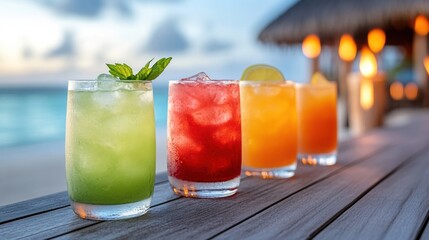 Fototapeta premium Colorful cocktails lined up on a beachside table at sunset, AI