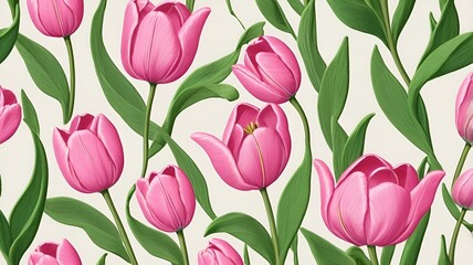 Obraz premium Beautiful pink tulips with green leaves in a vibrant floral pattern design