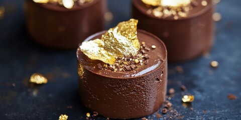 Indulge in a rich chocolate mousse that's topped with a thin, sparkling gold leaf. This creamy dessert is incredibly smooth and melts in your mouth with each bite.
