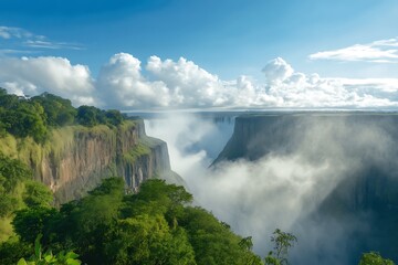 Fototapeta premium Majestic Waterfall Plunging Over Cliffside With Lush Greenery and Misty Clouds