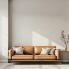 A brown leather sofa with throw pillows sits in front of a textured wall in a modern living room There is a small end table with a vase of dried flowers and a woven basket to the left of the sofa. and