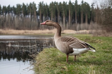 Fototapeta premium A brown goose standing on the grass near a body of water, with a forest in the background