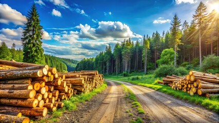 Panoramic Forest Roadside Log Pile - Summer Day