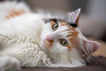 A close-up of a white cat with patches of orange and brown