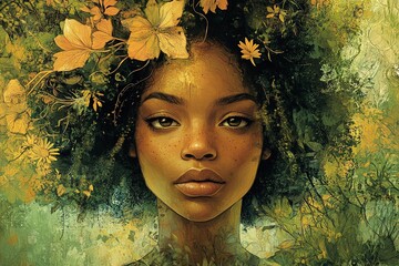 An artistic depiction of a powerful Afro-Brazilian woman with natural hair, surrounded by elements of nature, symbolizing strength, resilience, and the deep connection to her cultural roots.

