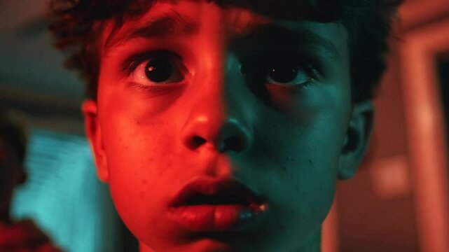 Moving Camera Zooms Scared Boy Face With Fear