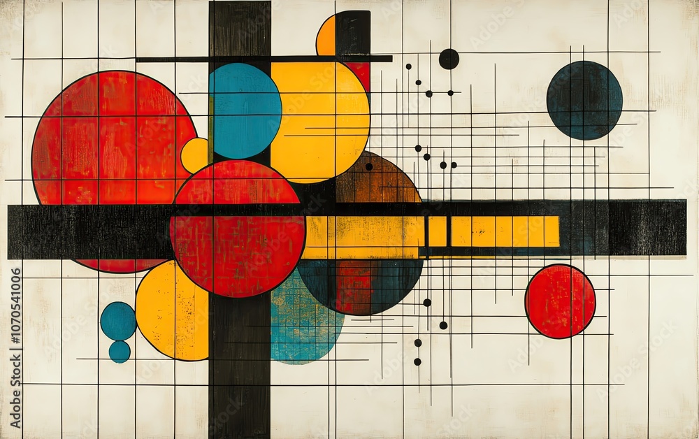 Poster abstract geometric composition featuring colorful circles and lines on a textured background, ideal 