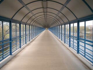A covered walkway or bridge, characterized by its arched ceiling and blue railings
