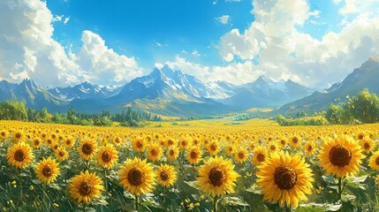 Sunflower field under blue sky with mountains in the background, sunflower, field, nature, countryside, sunny day, bright