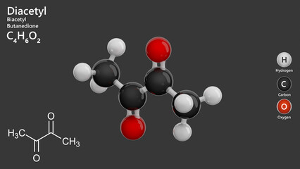 Molecule: Diacetyl or Biacetyl. Flavoring agent. Molecular structure. Formula: C4H6O2. Chemical model: Ball and stick. Gray background. 3D illustration.