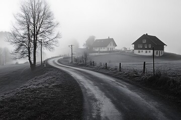 Winding Country Road Leading to Two Houses in Fog