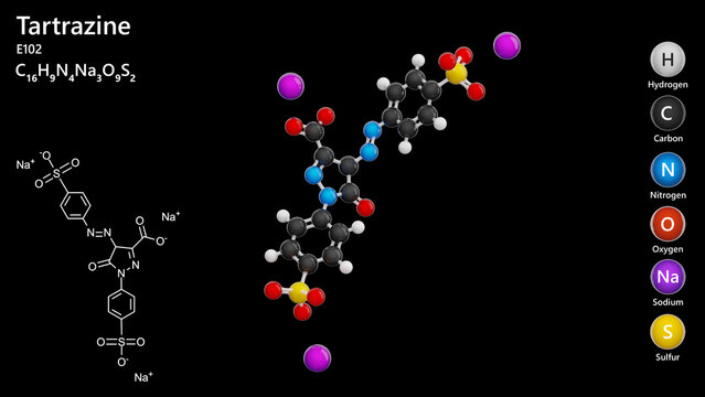 Molecule: Tartrazine. Food coloring. E102. Molecular structure. Formula: C16H9N4Na3O9S2. Chemical model: Ball and stick. Black background. 3D illustration.