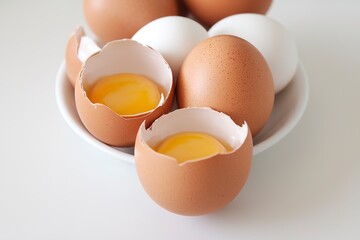 A group of eggs, with one egg cracked open to reveal its yolk