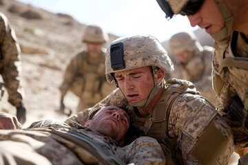 Amidst a sandy battlefield, a soldier tends to a wounded comrade with visible concern and urgency, portraying courage, duty, and camaraderie under harsh conditions.