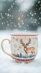 Cocoa with Marshmallows banner featuring steaming hot drinks in festive mugs, adorned with winter-themed designs, captured in serene snowy settings for a cozy holiday atmosphere