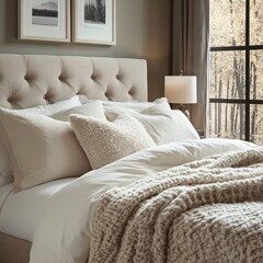 Create a cozy bedroom atmosphere with soft textures and neutral colors