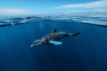Fototapeta premium Humpback whale swimming gracefully beneath clear blue waters during a sunny day