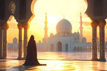A woman in a black abaya kneels in prayer in front of a mosque at sunset.
