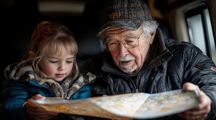 An elderly man and a young girl seated in a vehicle closely examine a map, sharing an engaging moment as they explore new places on a cold afternoon.