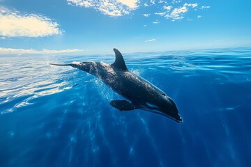 Dolphin swimming gracefully in clear ocean water under a bright blue sky