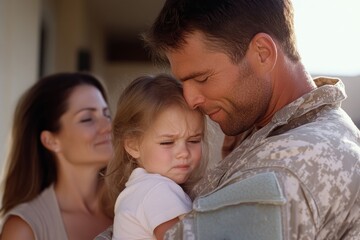 Obraz premium A soldier gently embraces his child in a moving family reunion with the mother nearby, radiating love and trust, capturing the essence of family unity and support.