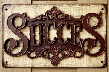A vintage-style metal sign with the word Succes written in an ornate, decorative font against a wooden background