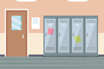 Empty school corridor in flat style. Highschool corridor scene. Hallway lockers. Vector stock © Jessica