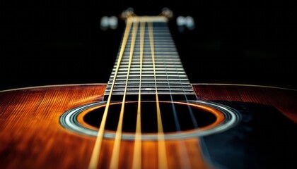 Fototapeta premium Close-up view of a wooden acoustic guitar showcasing its strings and soundhole