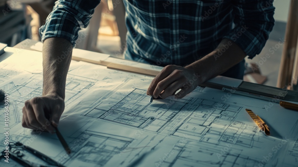 Poster a person working on architectural blueprints with tools and plans.