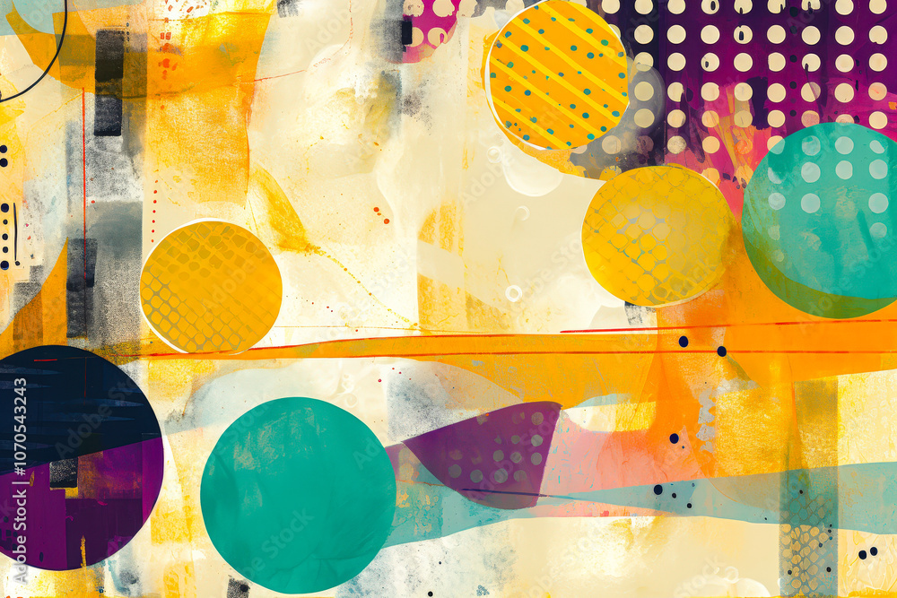 Poster Colorful abstract artwork featuring dynamic shapes and textures with circles and patterns in vibrant hues