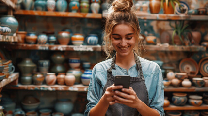 The young woman enjoys a moment on her phone in a pottery studio filled with vibrant ceramic creations
