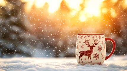 Cocoa with Marshmallows banner showcasing cozy mugs with festive deer designs in snowy landscapes, glowing with warm sunlight and creating a serene winter holiday ambiance