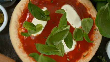Super slow motion of falling fresh basil leaves on pizza dough with sugo, top down view