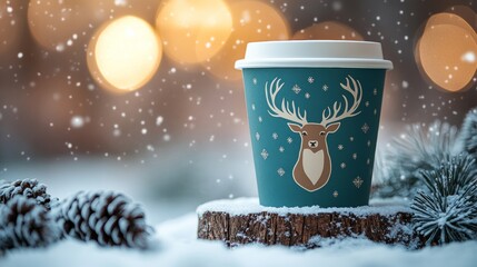 Cocoa with Marshmallows banner showcasing cozy mugs with festive deer designs in snowy landscapes, glowing with warm sunlight and creating a serene winter holiday ambiance