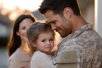 Fototapeta premium An army dad in uniform lovingly holds his young daughter in his arms while the sun sets behind them, symbolizing dedication and familial love in a serene setting.