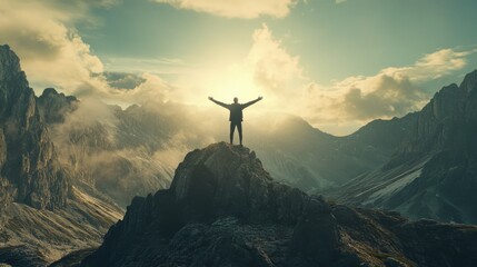 A man standing on top of a mountain with open arms symbolizes success 