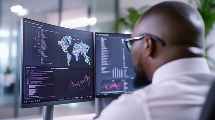 A data analyst examines complex data visualizations on dual monitors in a contemporary office setting