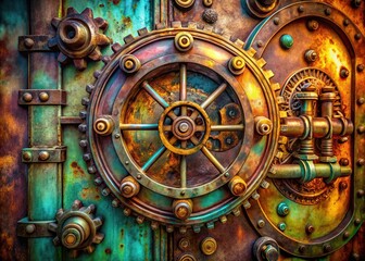 Obraz premium Steampunk Vault Door Texture, Rust, Vibrant Colors, Vintage, Photography