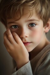 Close-up Portrait of a Young Boy with Blonde Hair and Blue Eyes