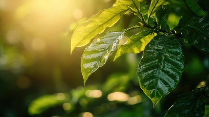Obraz premium Close-up of green leaves illuminated by sunlight, with a blurred background.