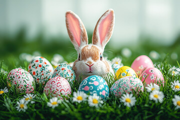 A charming rabbit sits among vibrant Easter eggs and blooming daisies in a sunlit grassy area, celebrating the joy of spring