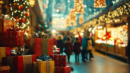 A group of people walk past a Christmas tree and a pile of presents - Powered by Adobe