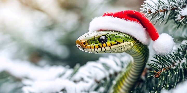 Realistic photo of a green snake in a Santa Claus hat, against the background of a snow-covered Christmas tree and snow, copy space, New Year Christmas symbol of 2025 Snake, Winter