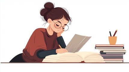 Young woman studying diligently with books and notes, surrounded by a calm, focused atmosphere.