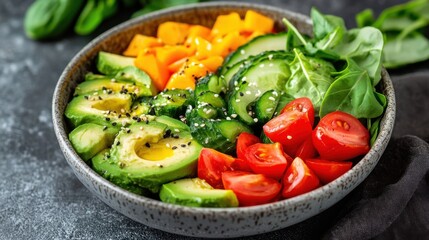 Fresh salad bowl with avocado, cucumber, tomatoes, and leafy greens