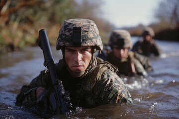 Naklejka premium A group of soldiers in camouflage and helmets wade through a shallow river during a daytime military exercise, demonstrating teamwork and resilience under challenging conditions.