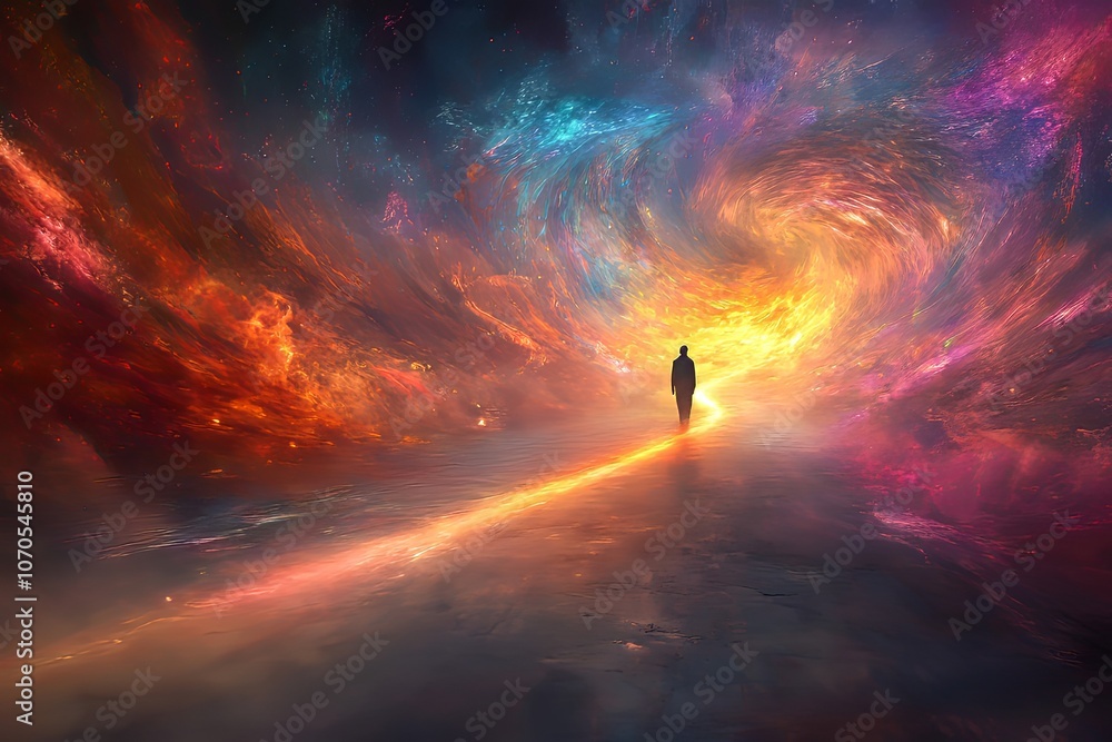 Poster a solitary figure walks along a luminous path through a vibrant cosmic swirl at twilight, symbolizin