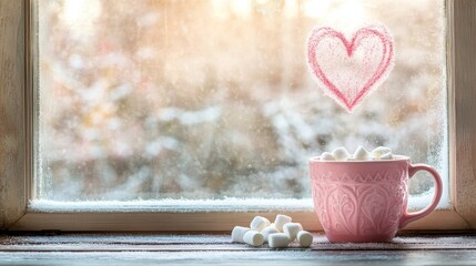 Cocoa with Marshmallows banner featuring steaming mugs on frosty windowsills with hand-drawn heart designs, glowing sunsets, and cozy winter ambiance